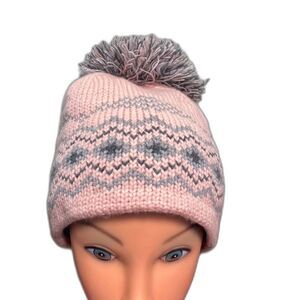 Womens TIMBERLAND BIG POM BEANIE Winter Knit Ski Hat Pink Geometric FLEECE LINED
